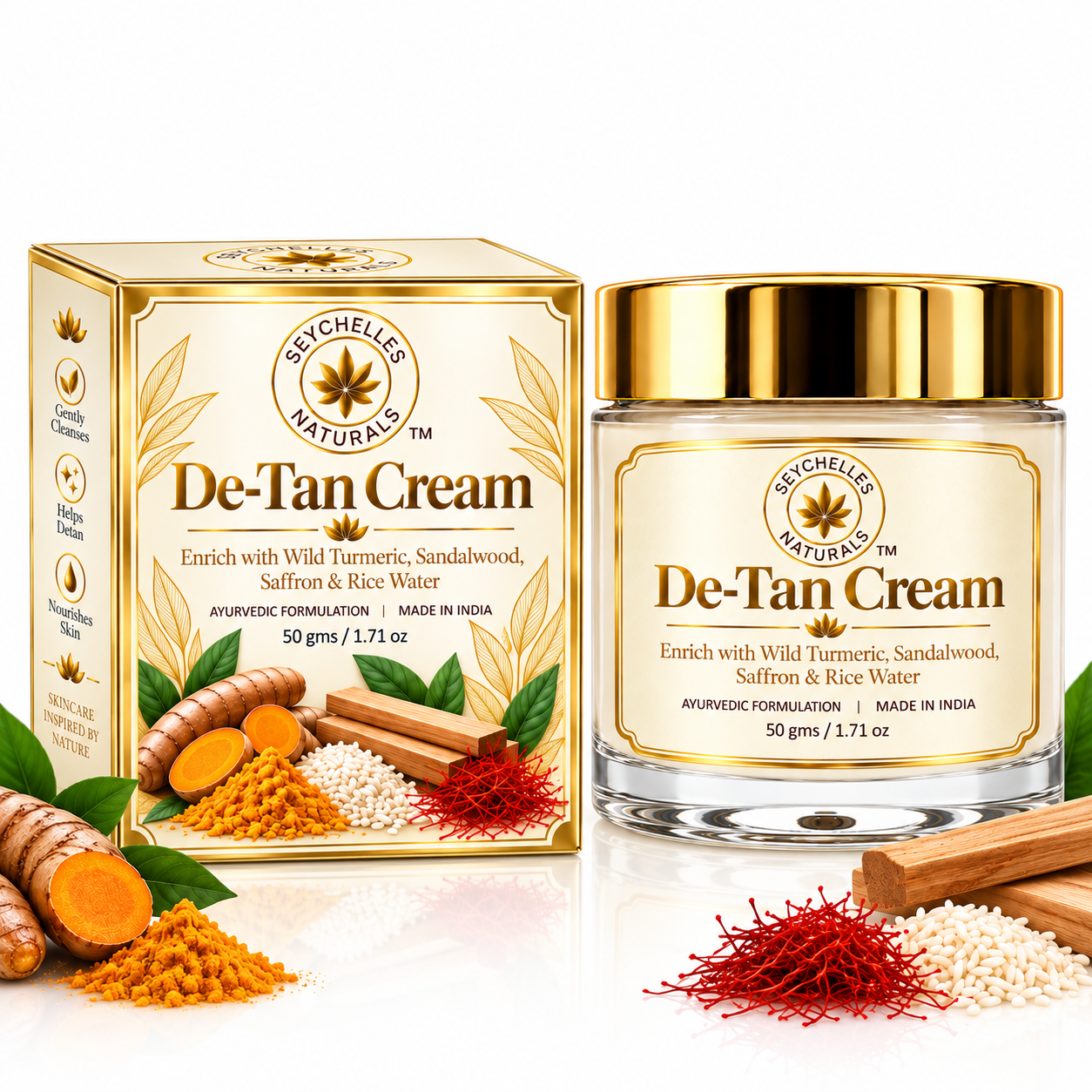 Seychelles Detan Face Cream Enriched with Turmeric, Sandalwood, Saffron & Rice Water | Helps Detan | Natural Saffron Glow| Non greasy | 50gm
