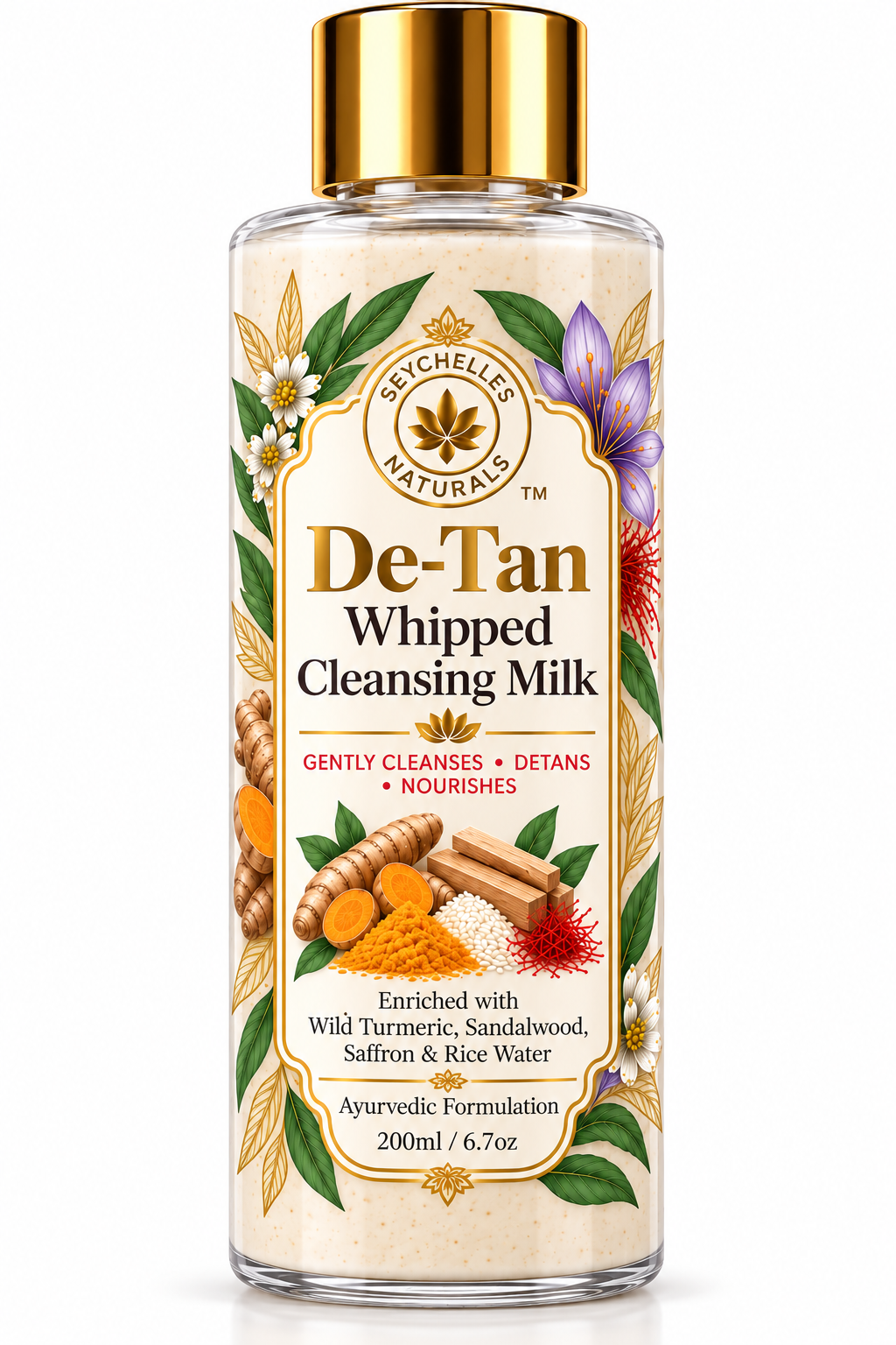 Seychelles Naturals Turmeric, sandalwood, Saffron & Rice Water Cleansing Milk 200ml | Herbal Face Cleanser For Gentle Makeup Removal | Non Foaming Cleanser | Detan Cleanser