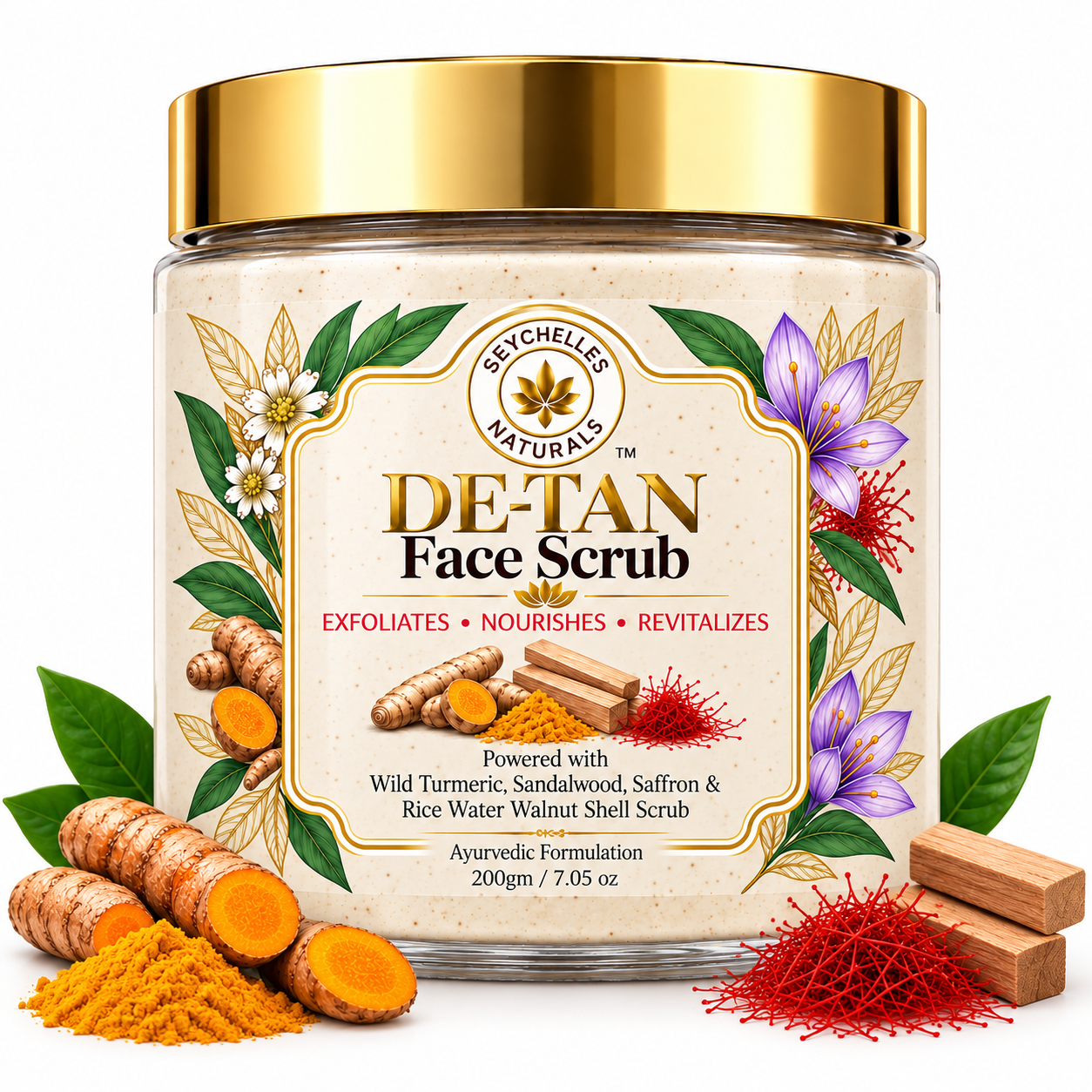 Seychelles Naturals De- Tan Face Scrub with Wild Tumeric, Sandalwood, Saffron & Rice water, Walnut Shell removes Tan, dead Skin & Blackheads Deep Exfoliating Creamy Scrub For Men & Women 200gm